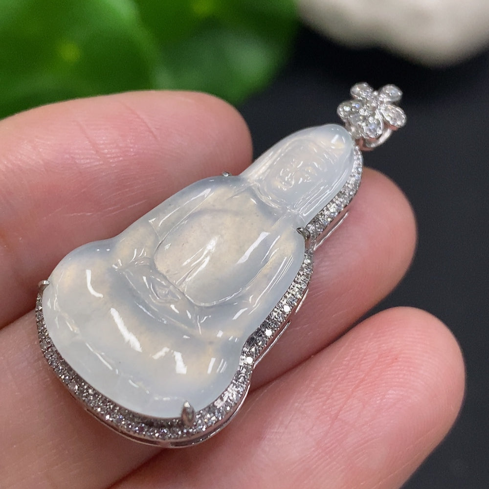 Huiliu Jadeite Guanyin pendant with diamond accents, intricately carved jade religious jewelry, certified by HUILIU HQ