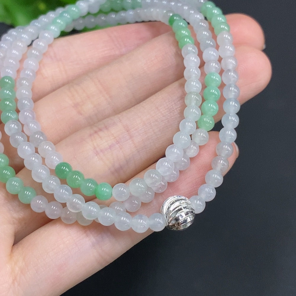 HUILIU HQ jadeite bead necklace with 3.7mm non-gold inlaid jade beads, total weight approx. 18.5g, close-up view of the necklace.