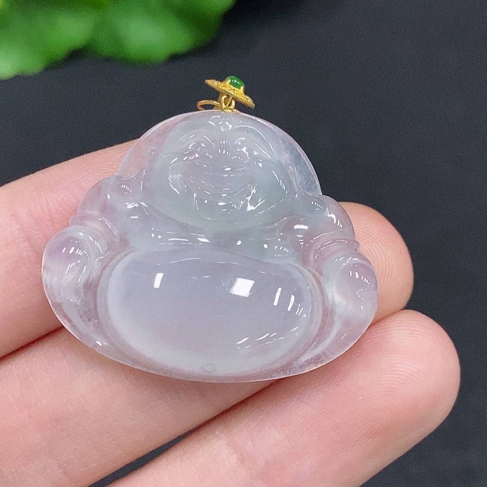 Jadeite Buddha pendant with 18k gold clasp, HUILIU HQ, showing detailed jade carving and polished finish, weighs about 6 grams.