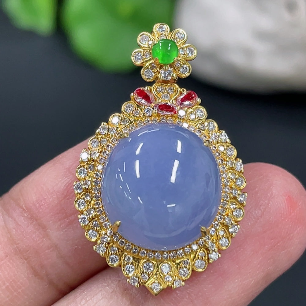 Jadeite Cabochon Pendant with 18K Gold Setting, Non-Diamond Accents (Medium 3 Pieces)