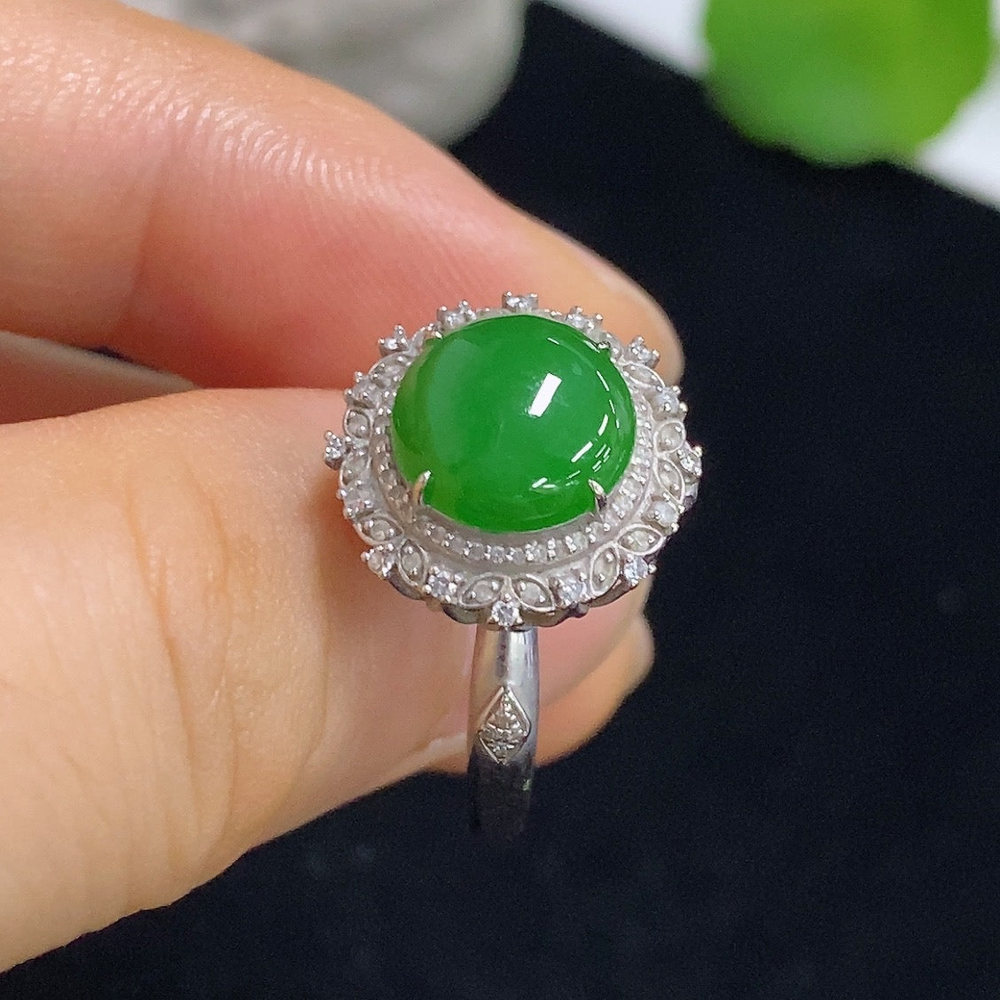 Jadeite Cabochon Ring/Pendant Convertible 18K with Diamond Accents