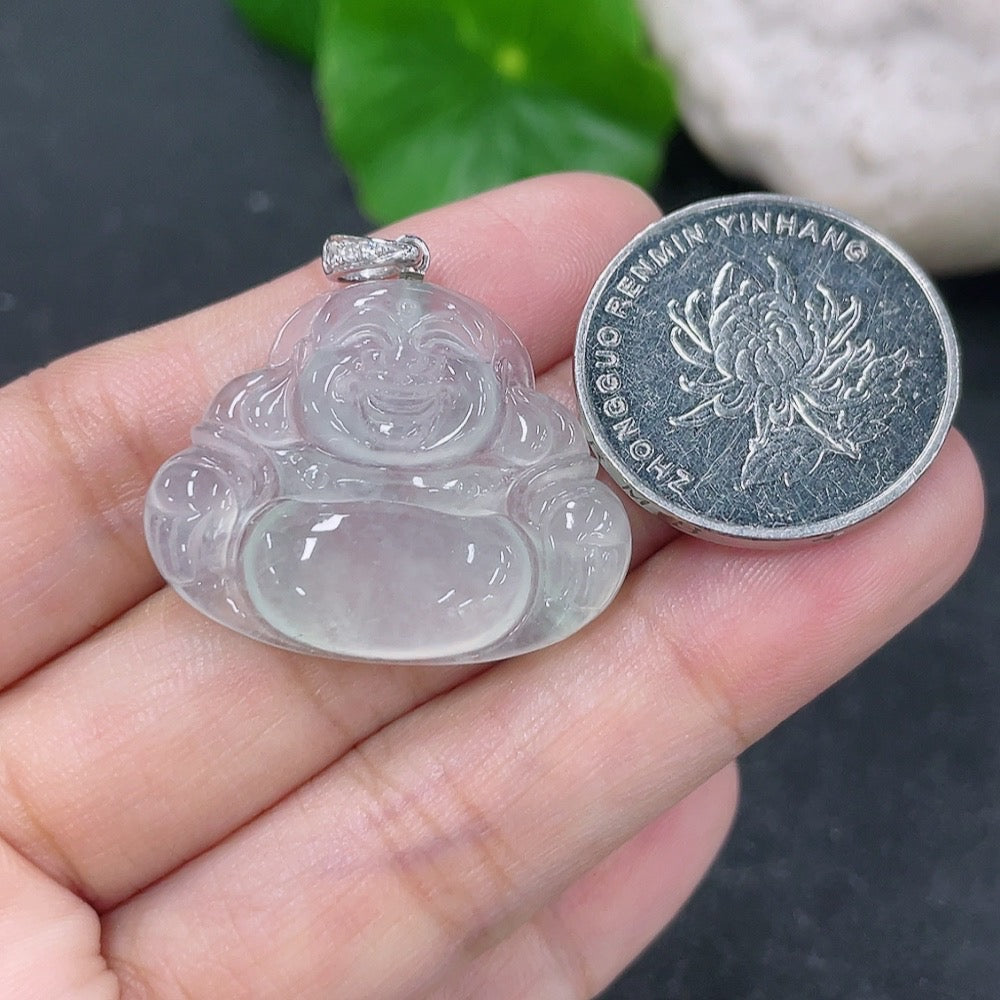 Jadeite Buddha pendant with 18K gold accents and diamond details, showcasing a detailed carved jade Buddha figure.