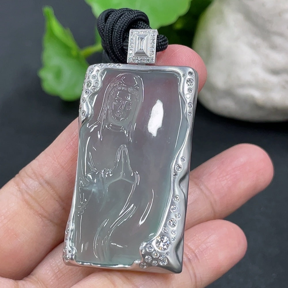 Jadeite Guanyin Pendant with 18K Gold and Diamond Setting, Total Weight Including Rope Approximately 21g, Overall Card Dimensions
