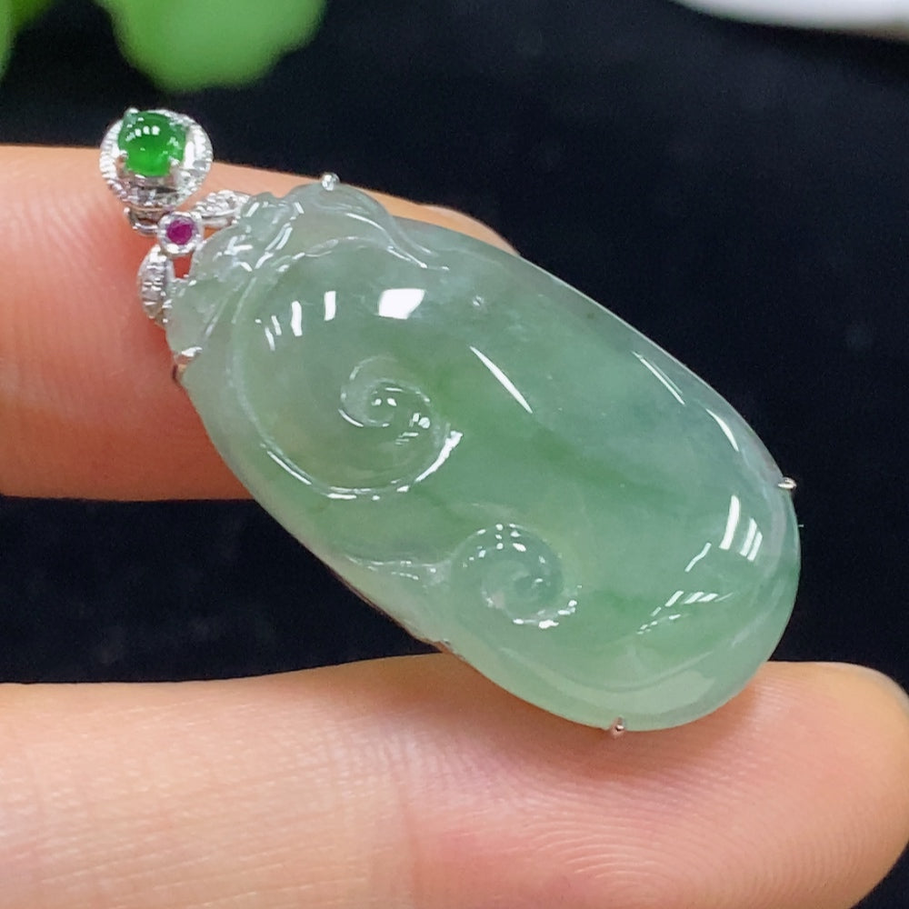 Huiliu Jadeite pendant Ruyi with inlaid colorless diamonds, showcasing a smooth, polished jade surface with intricate design details.