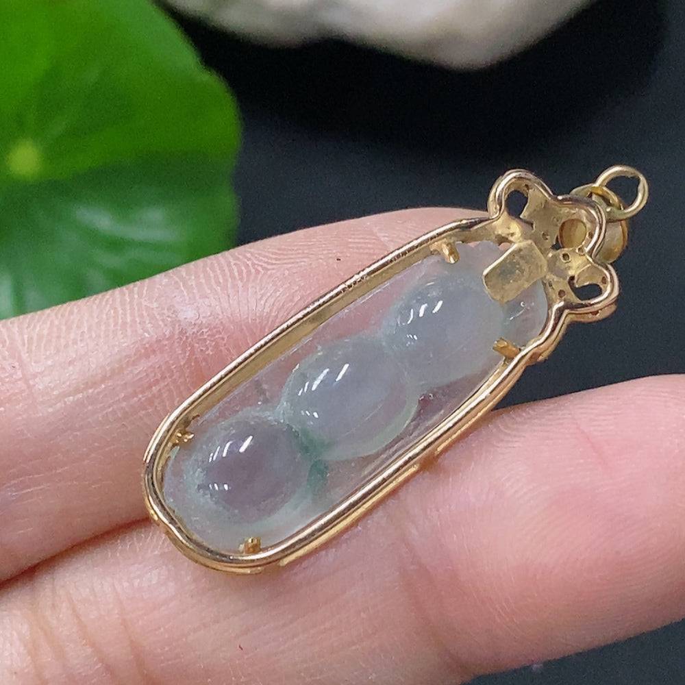HUILIU HQ jadeite lucky bean pendant with diamond accents, featuring inlaid jade design and tested for authenticity.