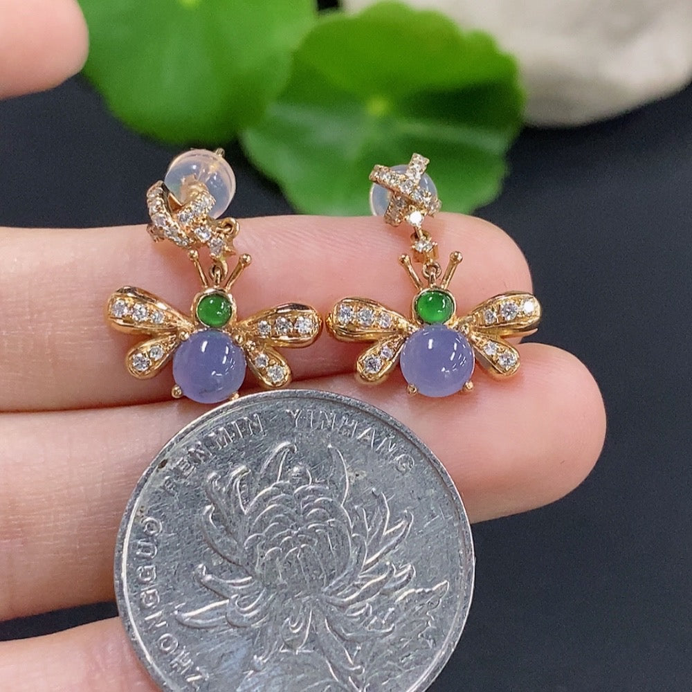 Jadeite cabochon earrings with 18K gold and diamond accents, elegant jewelry by HKHQ featuring polished green jade stones.