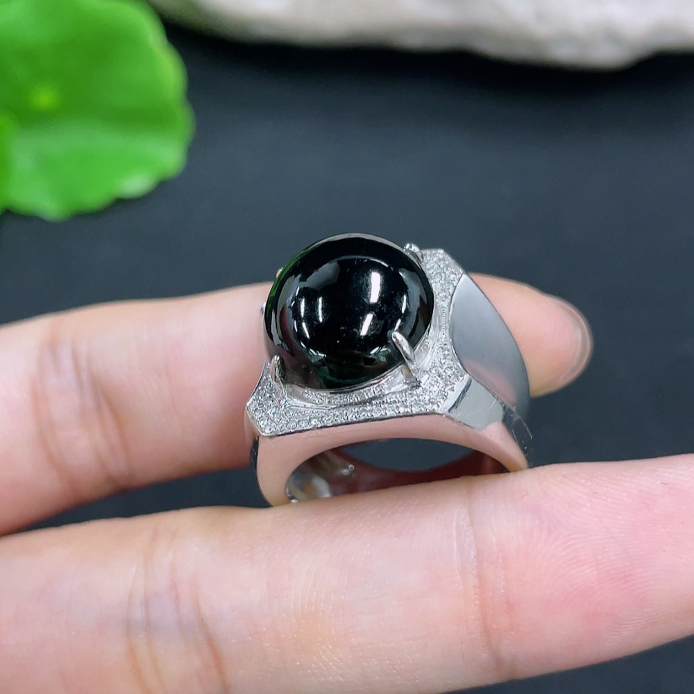 Jadeite ring with 18k gold band and diamond accent, size 15, weighing approximately 13.2g, from HKHQ.
