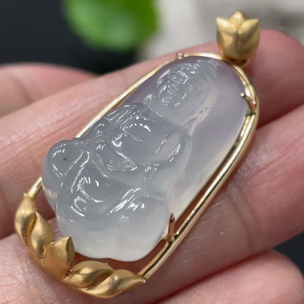 Jadeite Guanyin Inlaid Pendant, 18K Gold Inlaid, Total Weight Approx. 8.96g