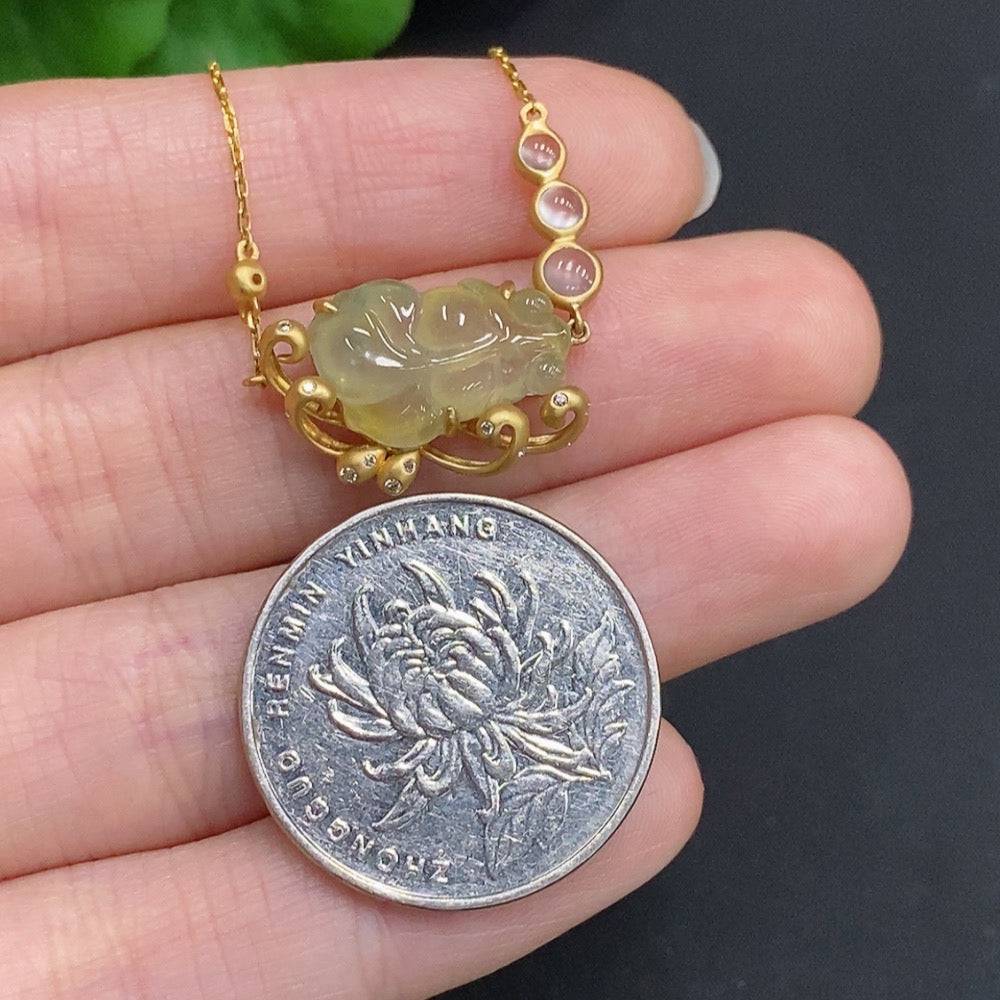 Huiliu Jadeite and jade full house inlaid pendant with diamond accents on chain, showcasing intricate craftsmanship and vibrant green jade.