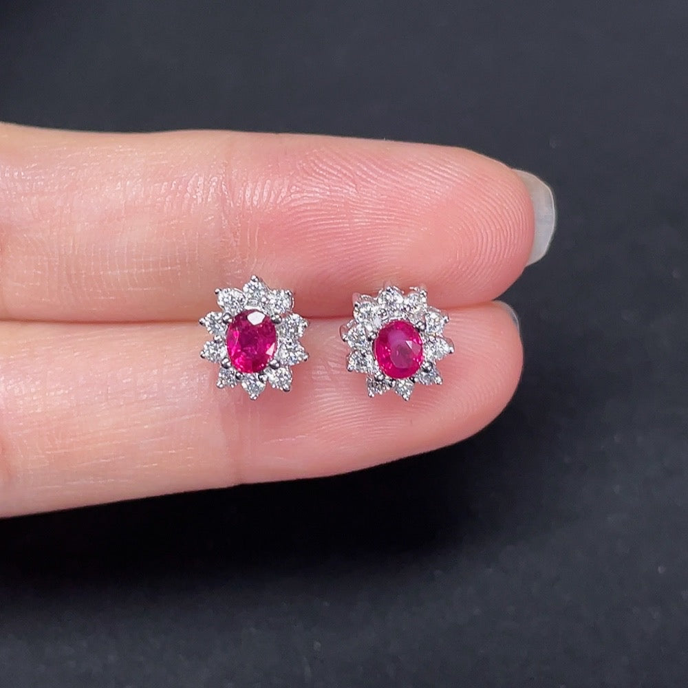 Ruby Stud Earrings, 18K Gold, Accented with Diamonds