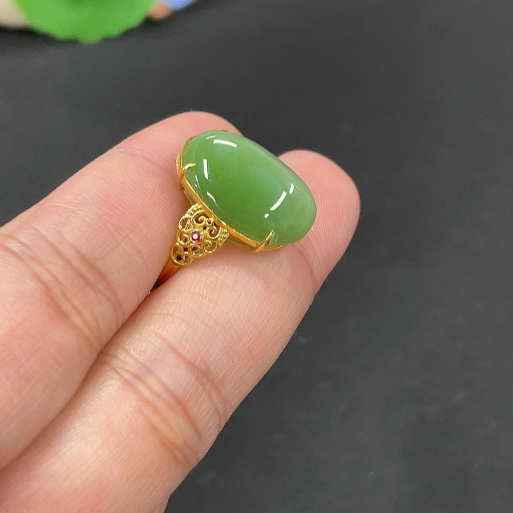 Hetian Jade Inlaid Ring Size 15 Total Weight Approx. 3.5g 18k Band Gold Content 70%
