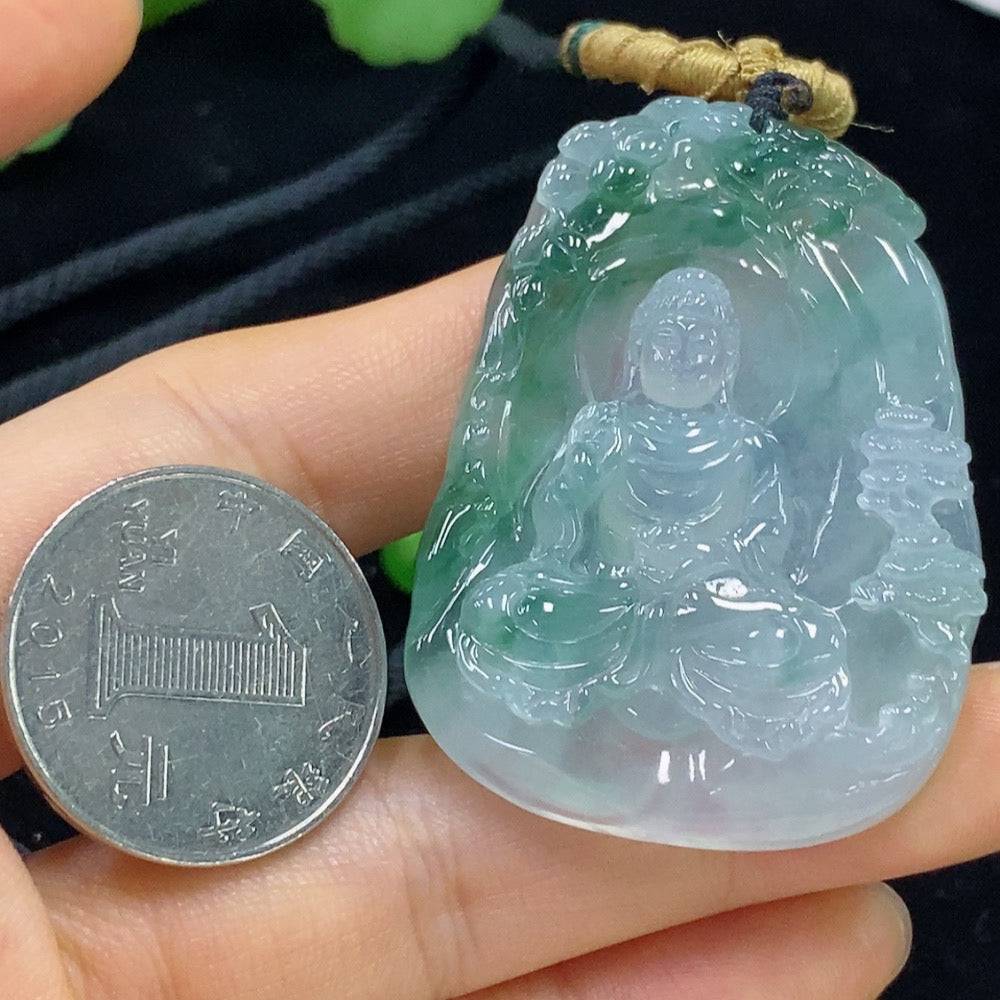 Jadeite Buddha pendant with rope, crafted from green jade, weighs approximately 26.06g, displayed against a neutral background.