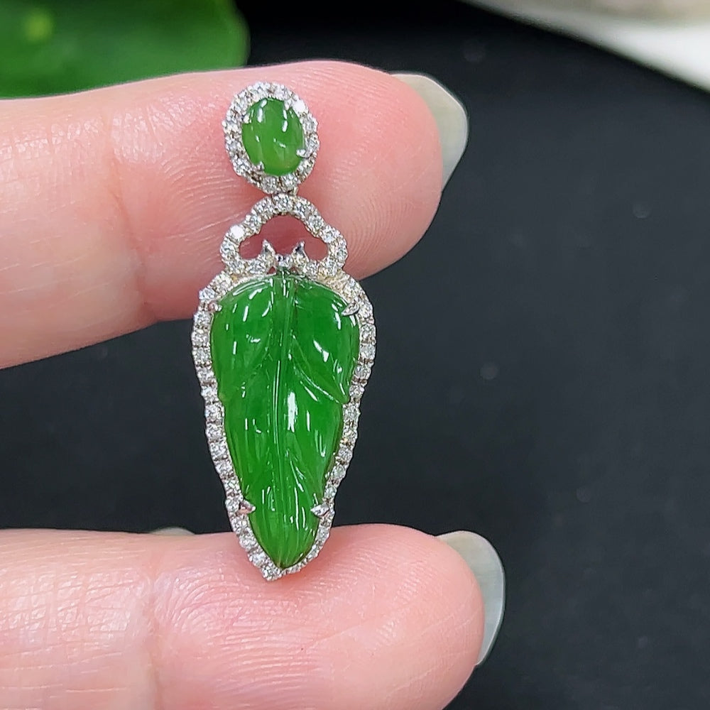 Jadeite leaf pendant with diamond accents, 18K gold, HKHQ brand, lightweight jewelry piece showing detailed leaf design.
