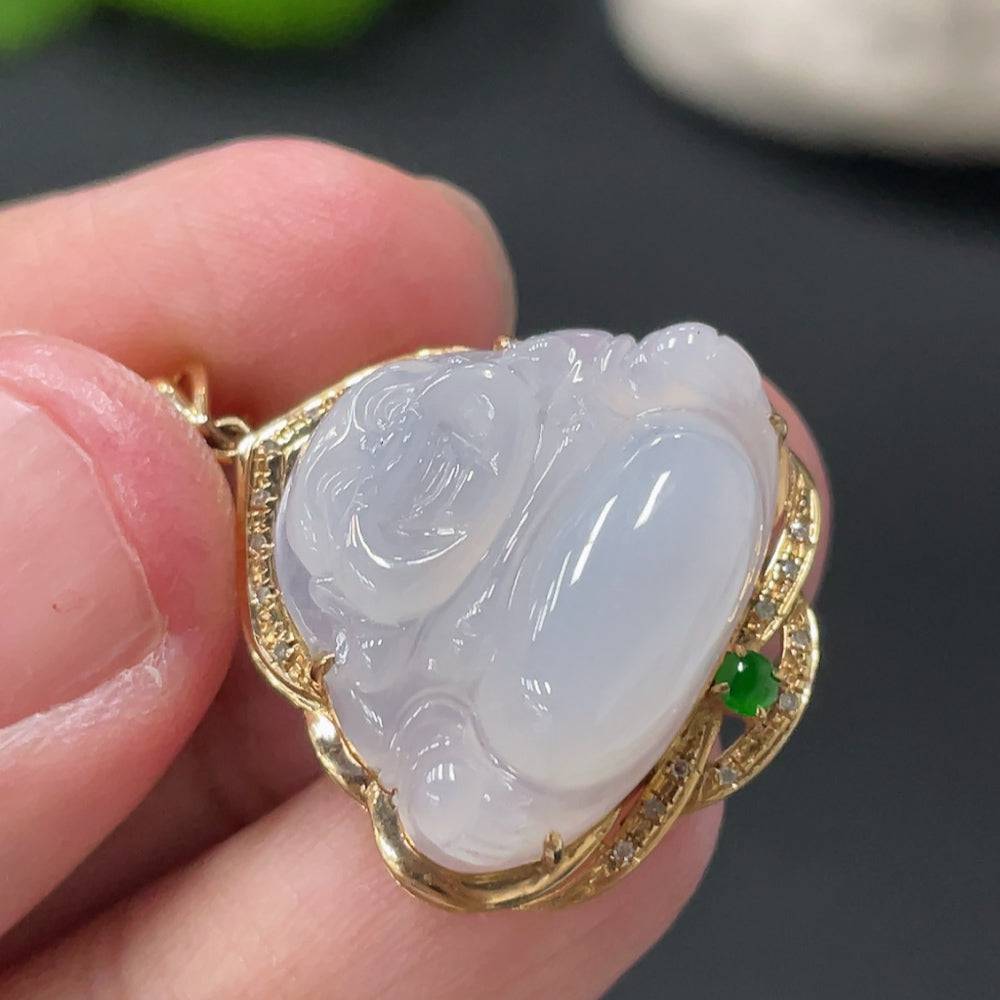 Huiliu Jadeite Buddha pendant with diamond accents, featuring a detailed carved jade Buddha figure on a polished jade background.