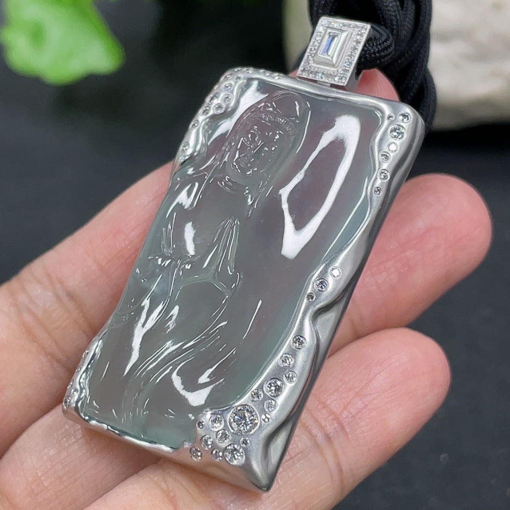 Jadeite Guanyin Pendant with 18K Gold and Diamond Setting, Total Weight Including Rope Approximately 21g, Overall Card Dimensions