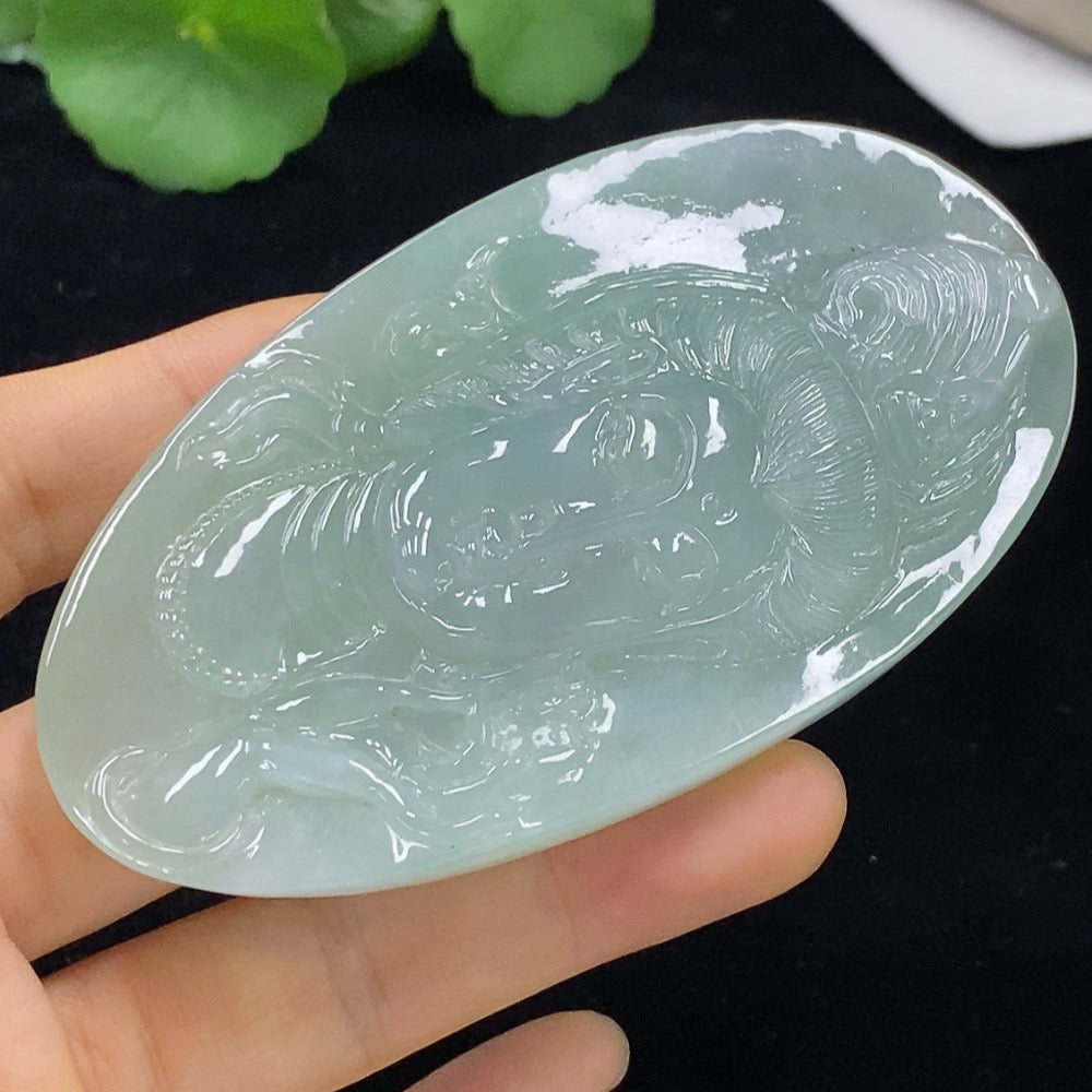 Huiliu Jadeite Guanyin pendant featuring detailed carved design, made from high-quality jade, certified by Huiliu HQ.