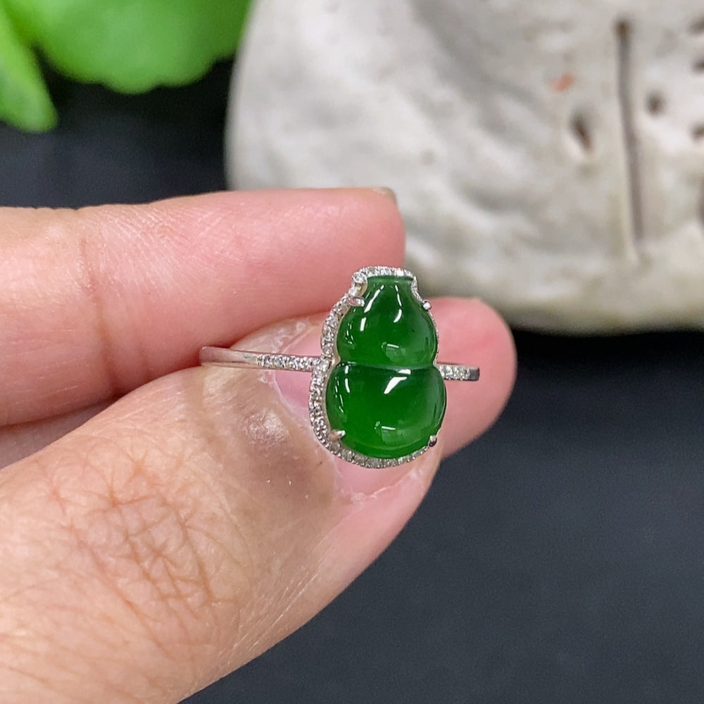 Jadeite gourd inlaid ring by HKHQ featuring 18K gold band with diamond accents and intricate craftsmanship.