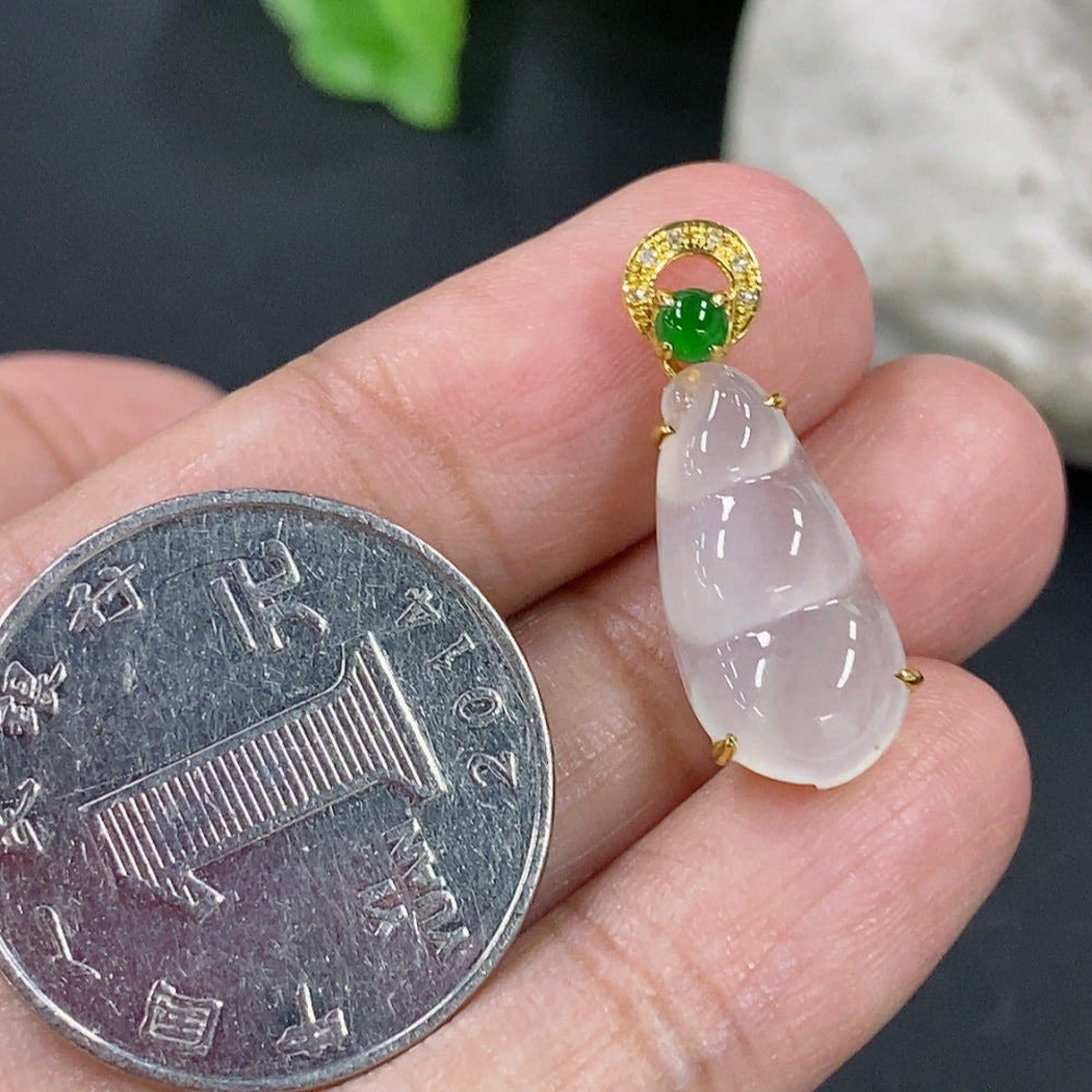 Jadeite Blessed Bean Pendant, 18K Gold Setting with Diamond Accents