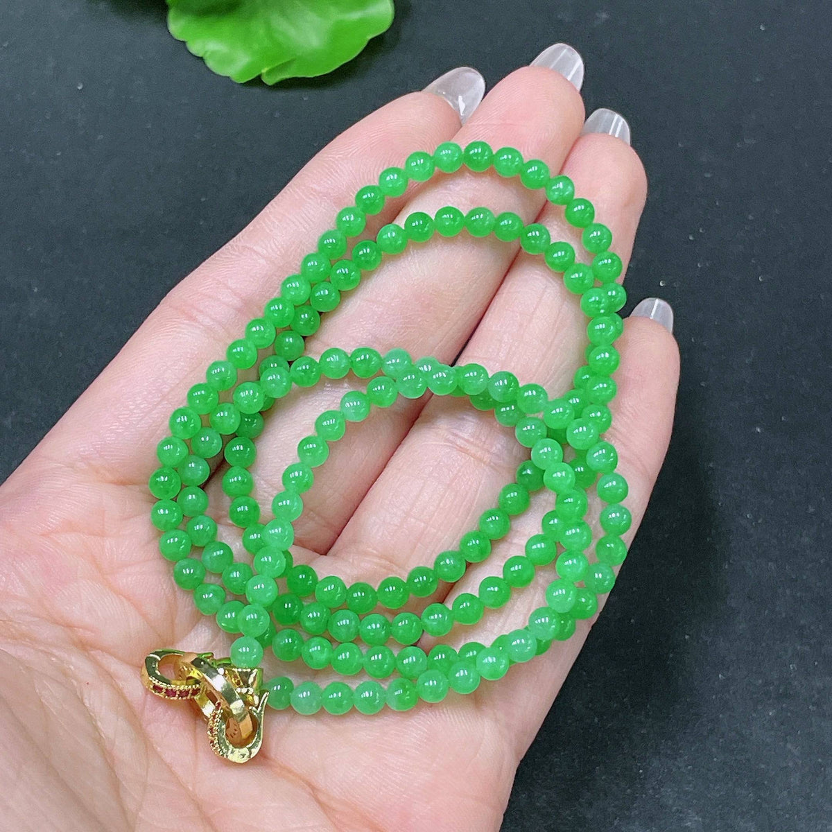 HUILIU HQ jadeite bead necklace with 3.8mm jade beads, non-gold, total weight approximately 16.8g, natural and smooth gemstone strands