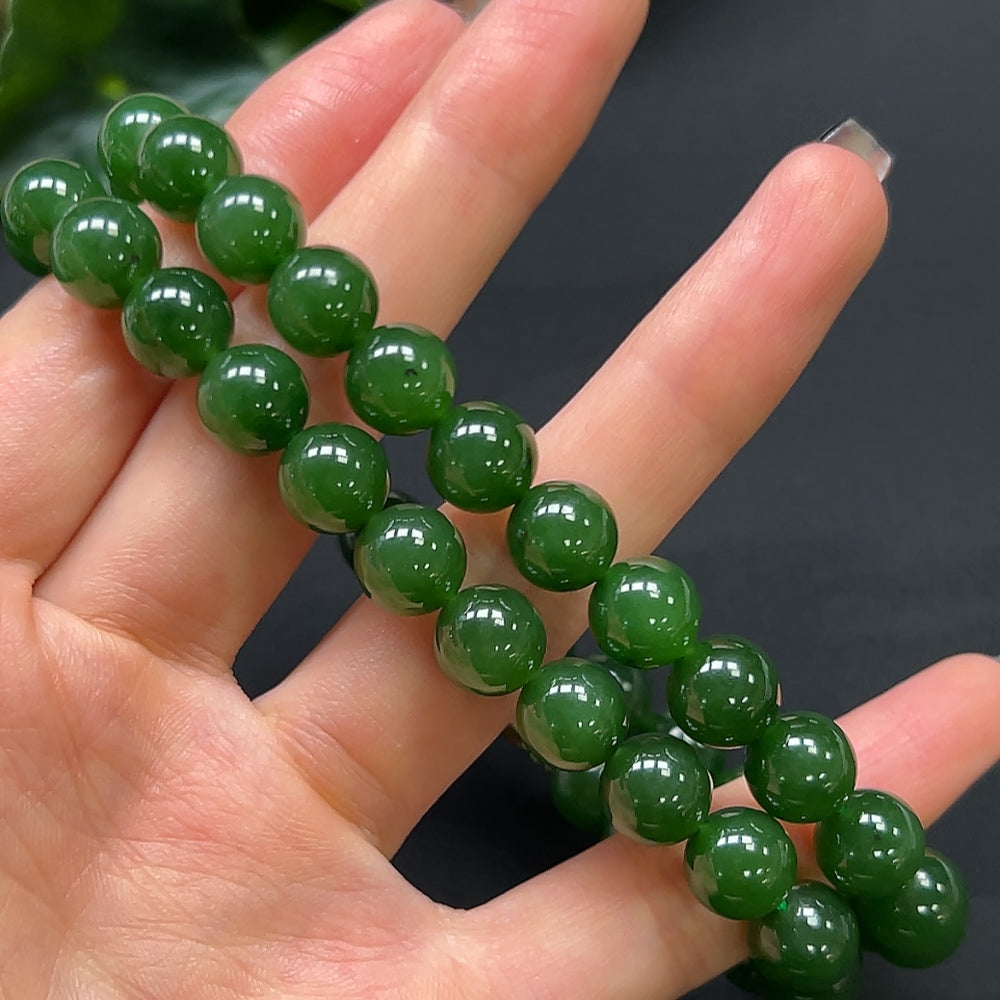 Hetian jade bead necklace by HKHQ featuring 9.6mm non-gold jade beads, approximately 68.36g, displayed on a neutral background.