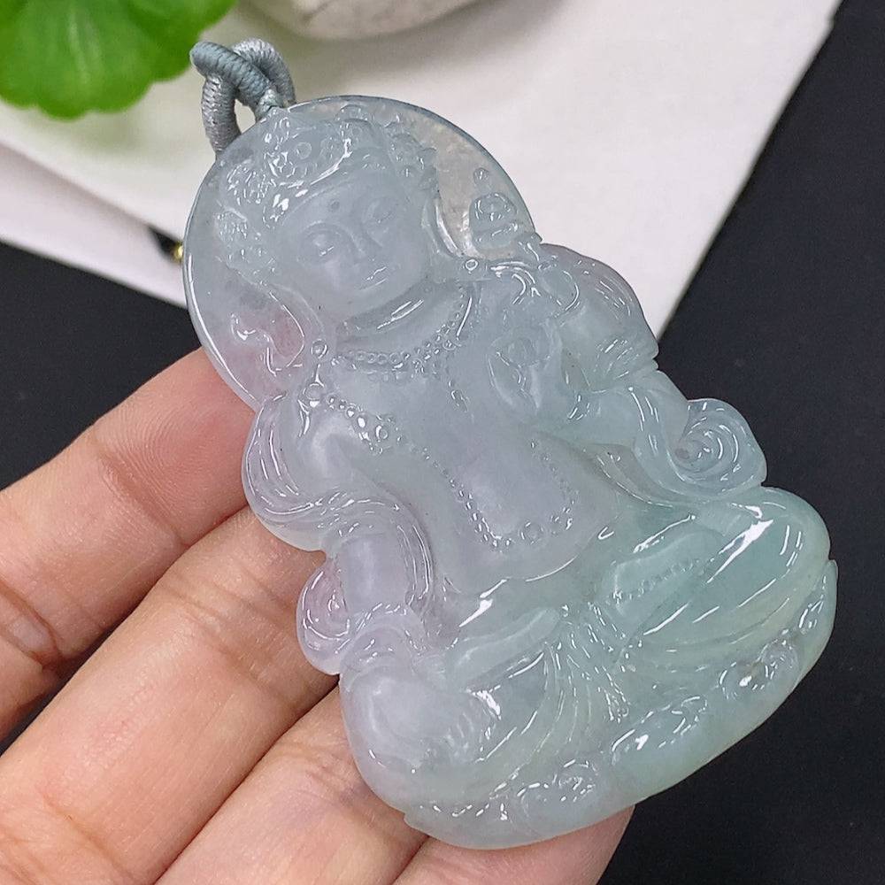 Jadeite Guanyin pendant with cord, crafted from green jade, weighs approximately 31.78g, featuring detailed religious carving.