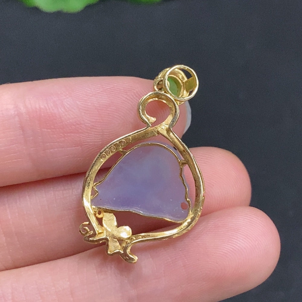 Jadeite freeform pendant with 18k gold setting and diamond accents, crafted by HUILIU HQ, showcasing intricate inlaid jade design.