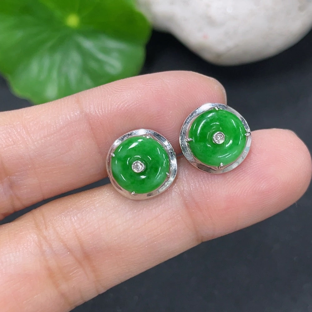 Jadeite Earrings with 18k Ear Caps, 14k Main Body, and Diamond Accents, Total Weight Approximately 2.1g