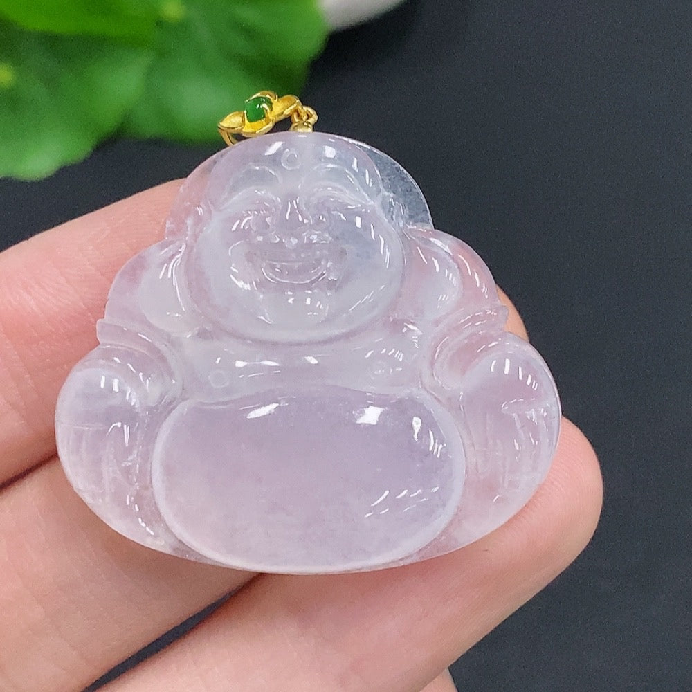 Jadeite Buddha pendant with 18k gold clasp, crafted from green jade, weighing approximately 10 grams, by HUILIU HQ.