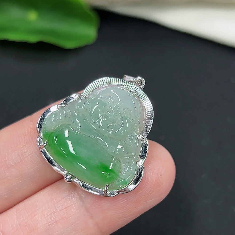 Jadeite Buddha pendant necklace with 18k gold setting, HKHQ jewelry, showcasing a detailed Buddha figure in green jade.