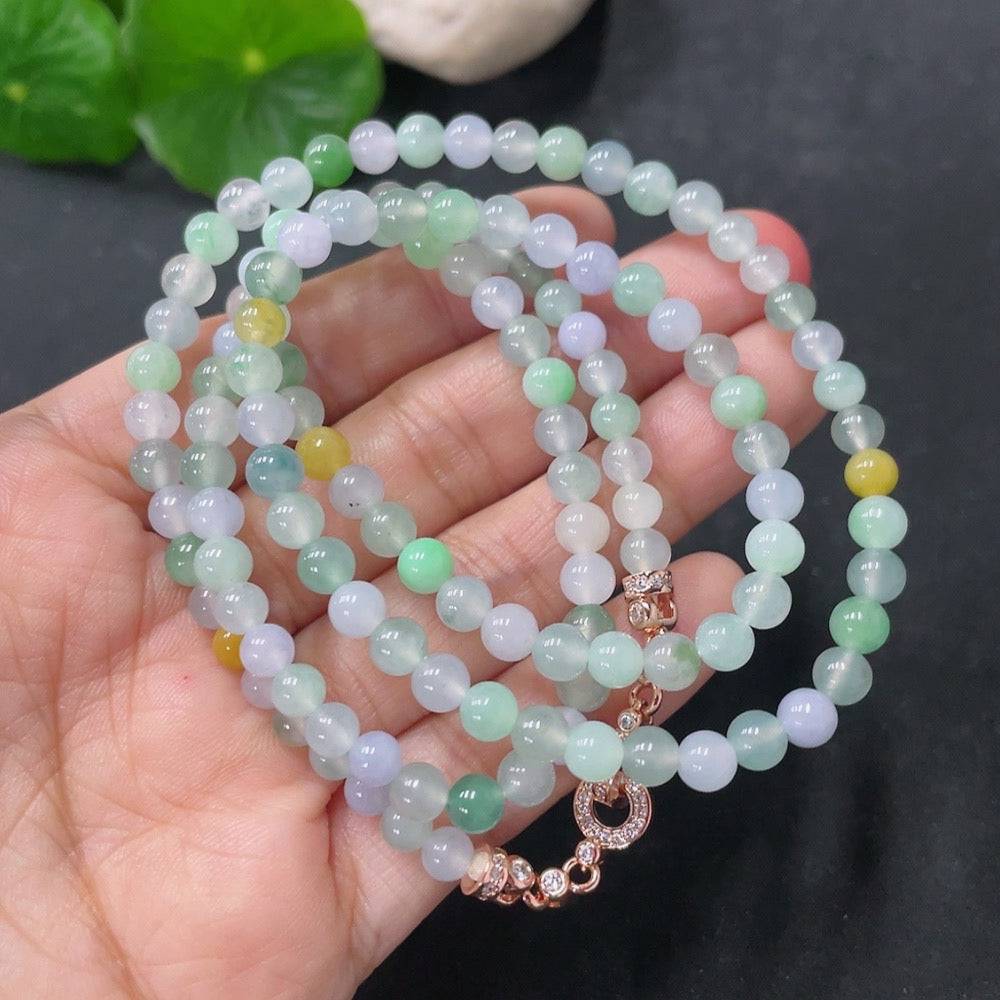 HUILIU HQ jadeite bead necklace with 5mm green jade beads, approximately 26.6g, showcasing a close-up of the handcrafted jewelry.