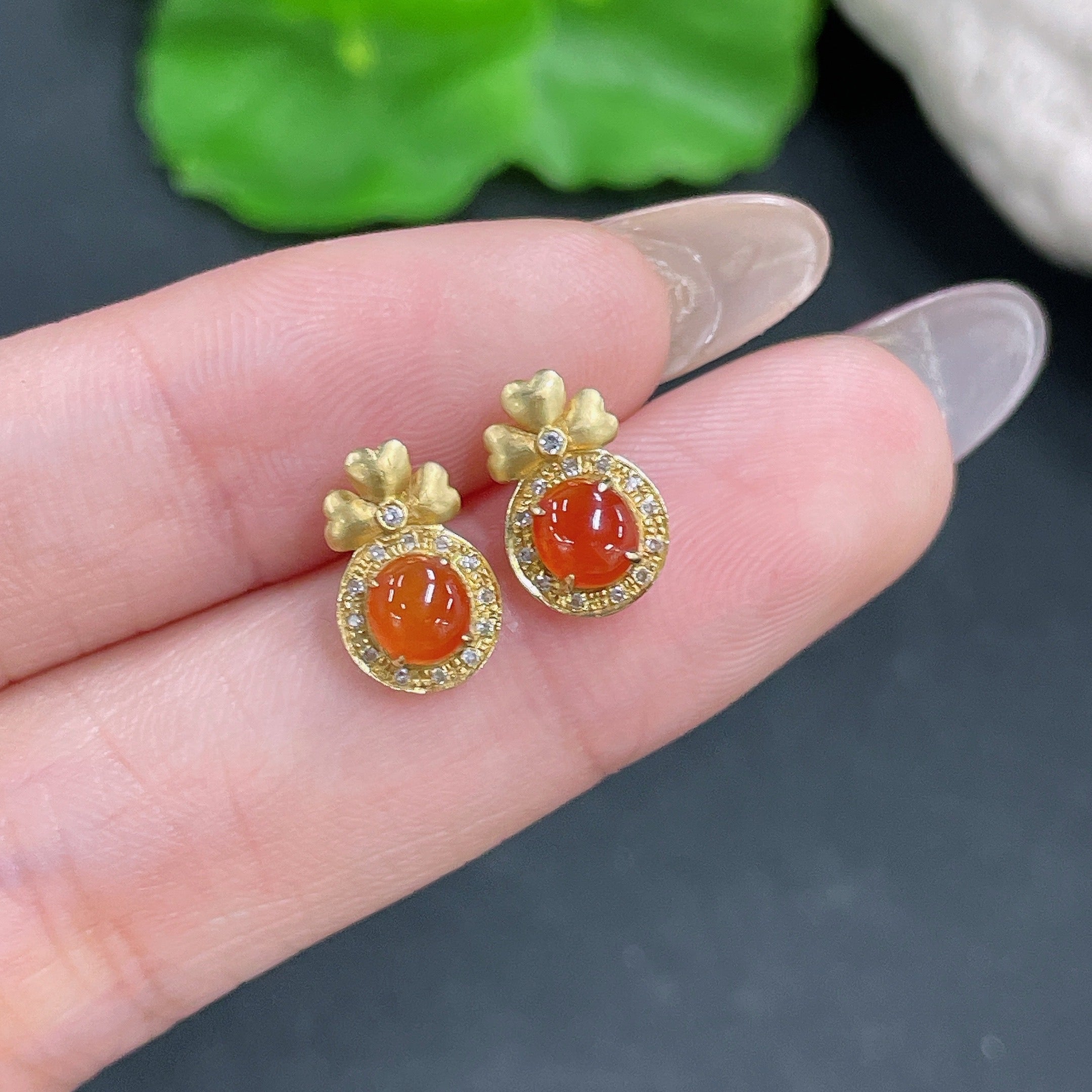Jadeite Cabochon Earrings with 18K Gold and Diamond Accents, Total Weight Approx. 1.37g (Excluding Ear Studs)