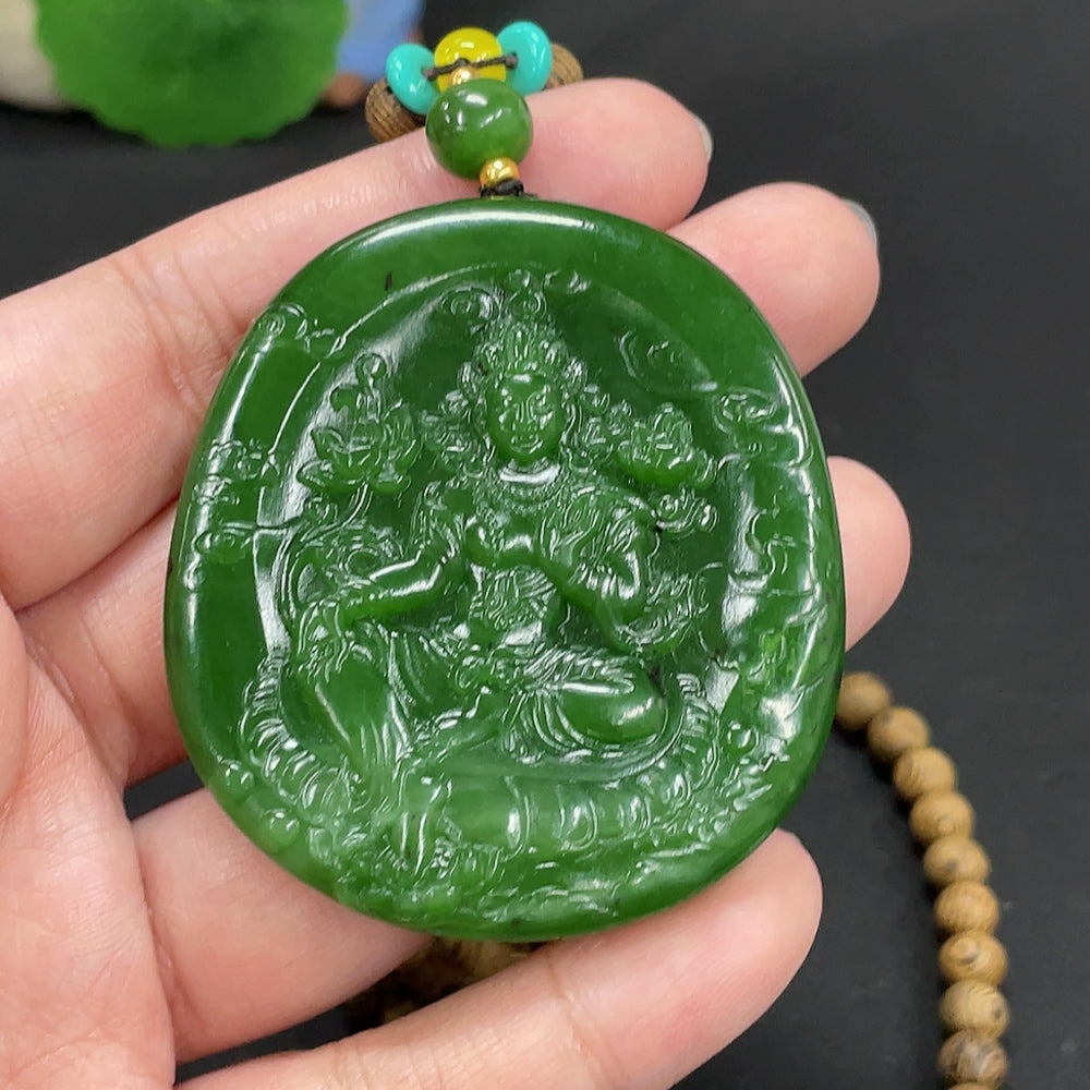 Hetian Jade Jasper Pendant featuring Mahasthamaprapta Bodhisattva, crafted in green jade with detailed carving and polished finish.
