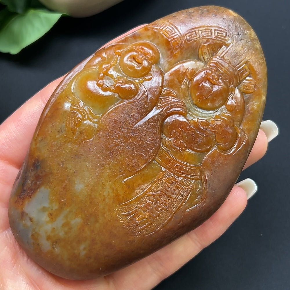 Hetian Jade Double Blessings Handheld Piece, color origin undetermined, contains other mineral components