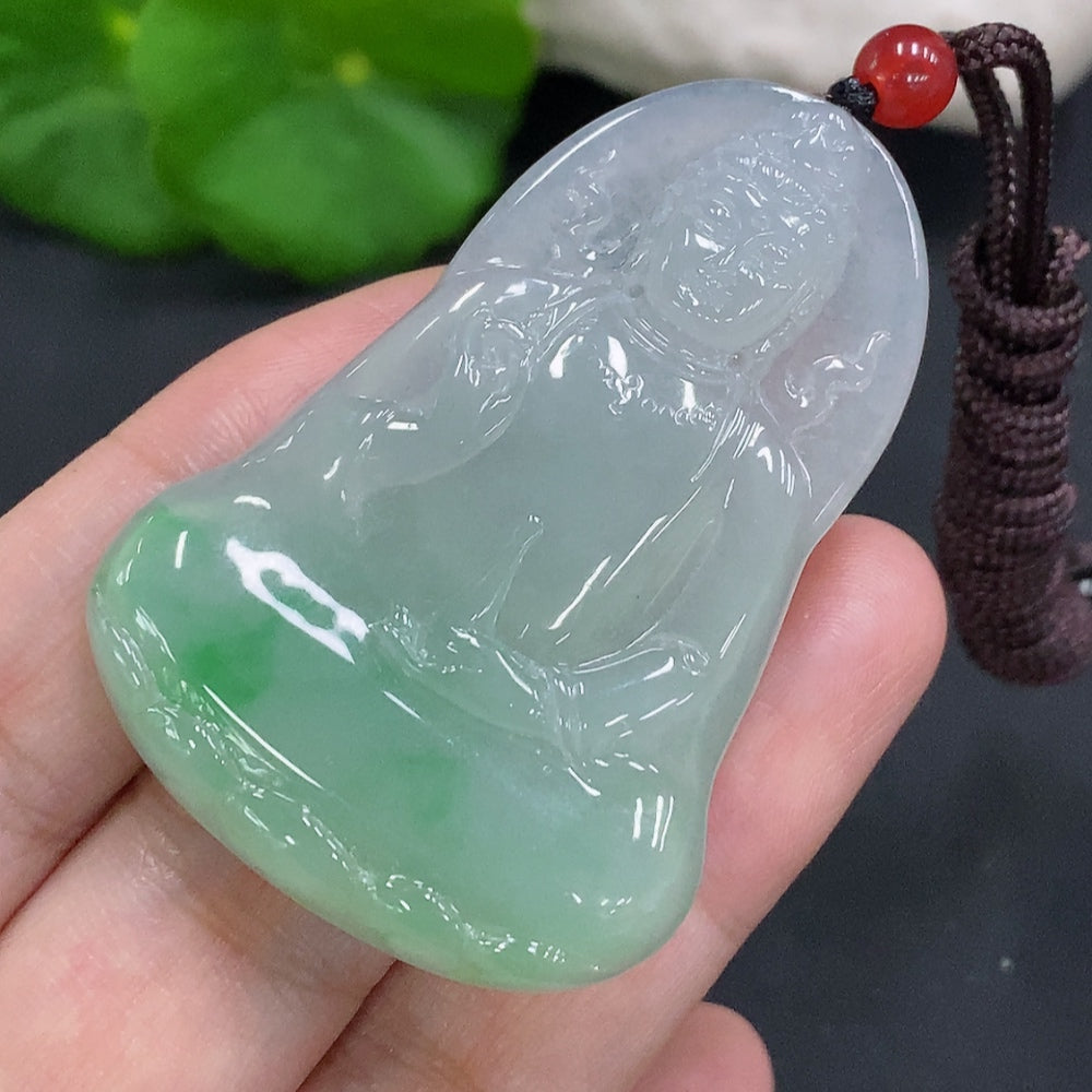 Jadeite Guanyin pendant with intricate carving, weighing about 20.1g, crafted by HUILIU HQ in jade stone.
