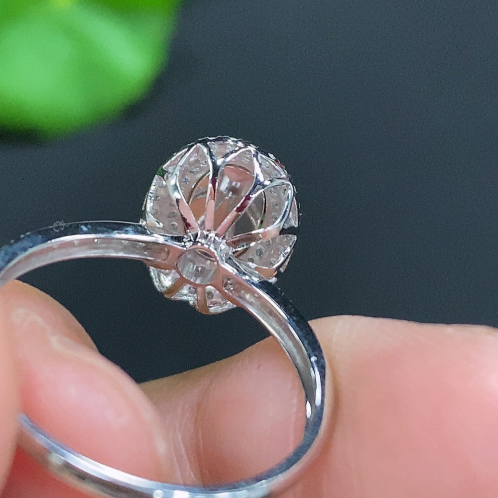 Jadeite Cabochon Inlaid Ring 18K Gold Size 15 Total Weight Approx. 2.1g (With Diamond Accents)