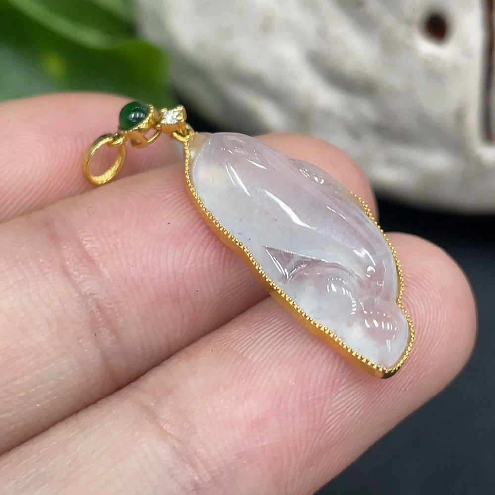 Jadeite Dolphin Pendant 18K Gold Inlaid Total Weight Approx. 1.9g