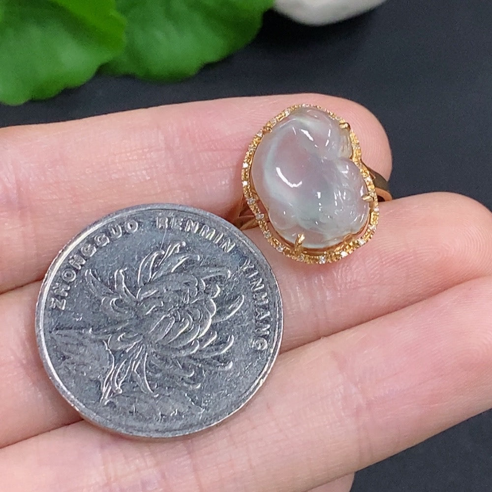 Jadeite Three-Legged Toad Ring in 18K Gold with Diamond Accents
