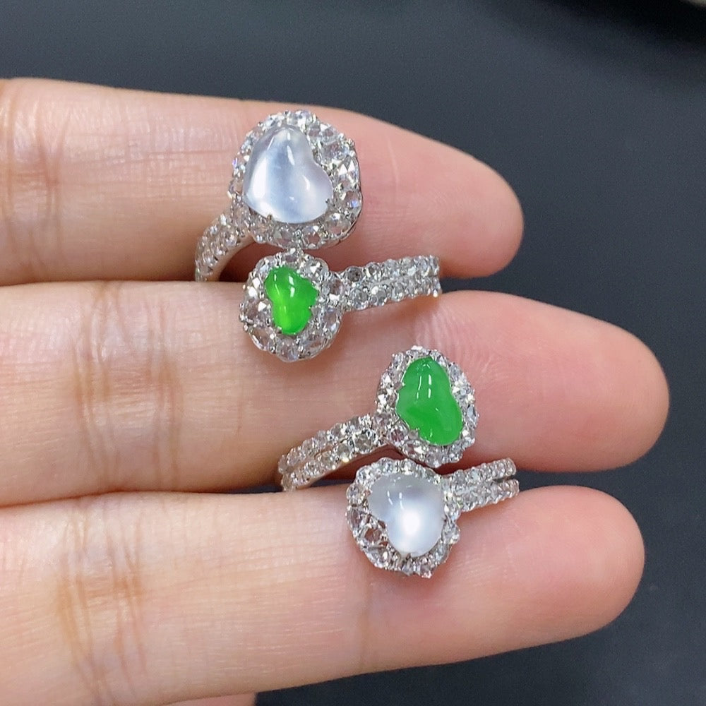 Jadeite inlaid ring lot with 15 rings, 14 size, 18K gold, diamond accents, weighing approx. 7.6g, by HKHQ