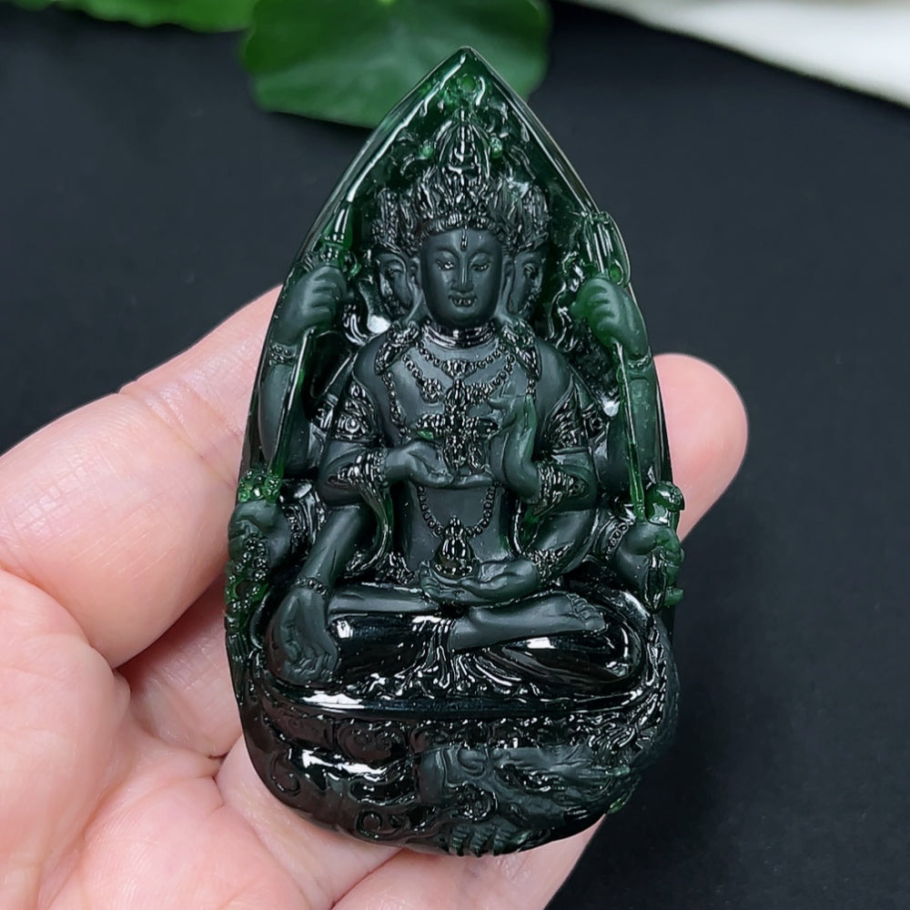Jadeite Guanyin pendant necklace from HKHQ, featuring a detailed carved figure, approximately 54.3g, on a delicate chain.