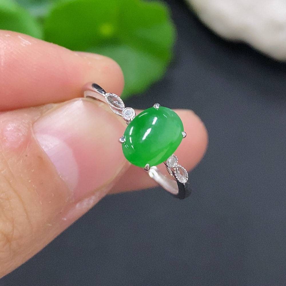 Jadeite cabochon ring with diamond accents in 18K gold, size 16, from HUILIU HQ, featuring a polished green jade gemstone.