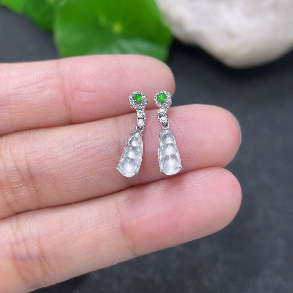 HKHQ Jadeite lucky bean stud earrings in 18K gold setting with diamond accents, featuring smooth jade stones and delicate design.