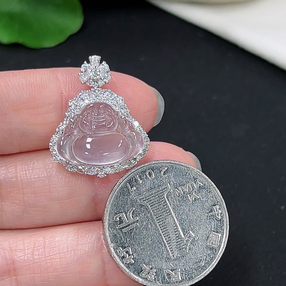 Jadeite Buddha pendant on necklace with 18k non-diamond setting, weighing approximately 2.74g, jewelry piece by HKHQ.