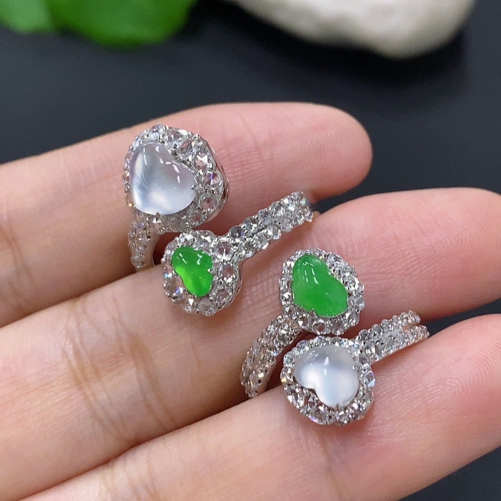 Jadeite inlaid ring lot with 15 rings in size 14, 18K gold, diamond accents, totaling approximately 7.6g, by HKHQ.