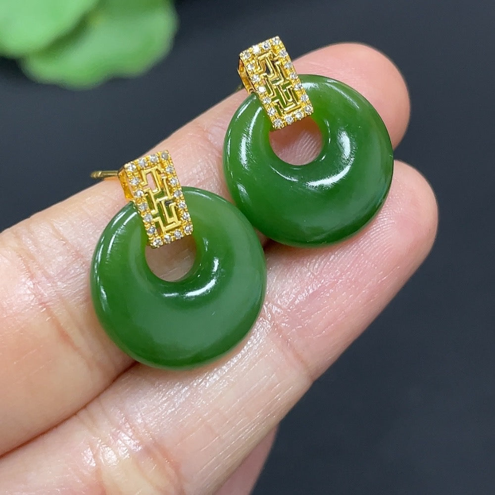 Green Hetian Jade Inlaid Earrings with Diamond Accents, 18K Gold