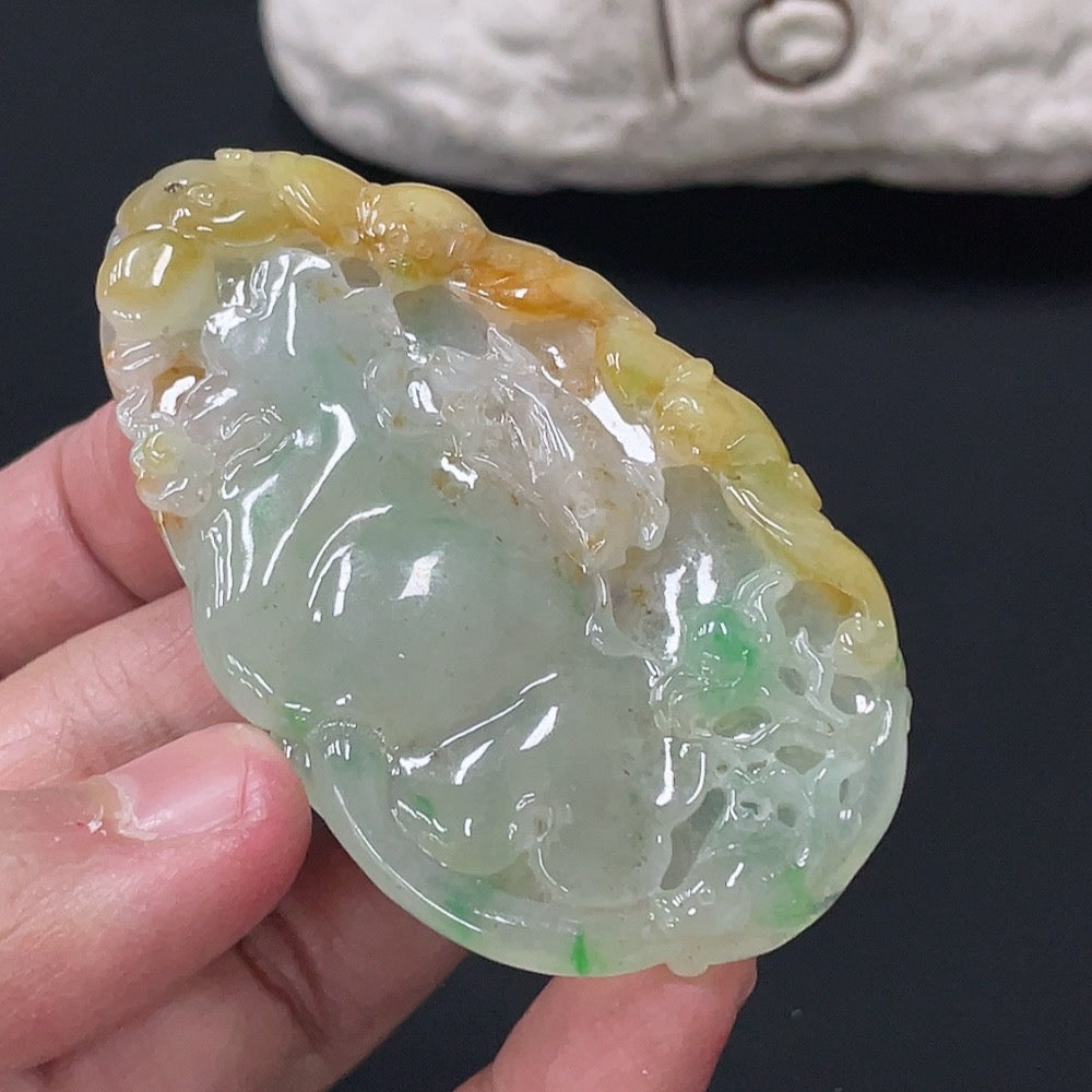 Jadeite Lotus Leaf Fish Pendant, Total Weight Approx. 27.26g, Color Origin Undetermined