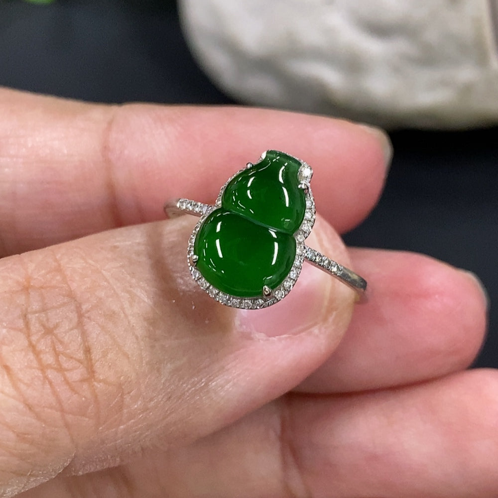 Jadeite gourd inlaid ring with 18K gold band and diamond accents, elegant jewelry piece by HKHQ