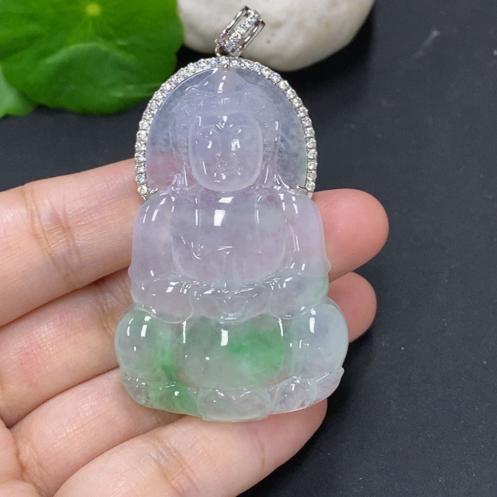 Jadeite Guanyin pendant with 18K gold inlay, featuring intricate mineral components, weight approx. 21.1g, crafted by HKHQ.