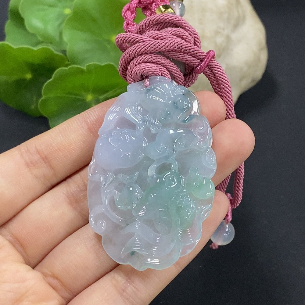 Jadeite Fish Pendant with Auspicious Symbolism . with Non-Grade A Beads | Huiliu Certified
