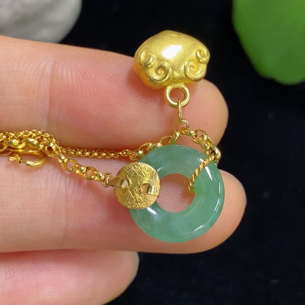 Jadeite Donut Pendant Marked Red AU99% with 18K Gold Total Weight Approx. 2.53g (Including Chain)