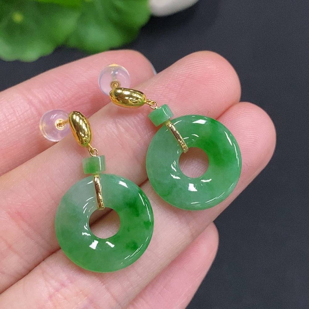 HUILIU HQ jadeite donut inlaid earrings with 18k gold, showcasing round jade stones and intricate gold detailing.